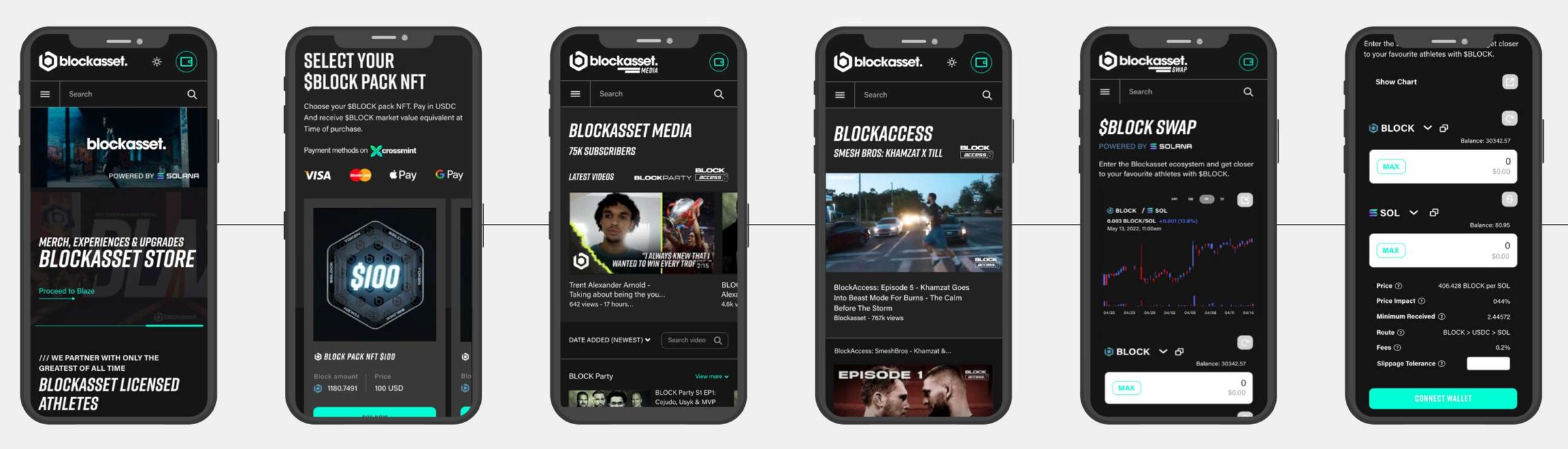 Blockasset mobile screens: store, NFT packs, media, BlockAccess and swap