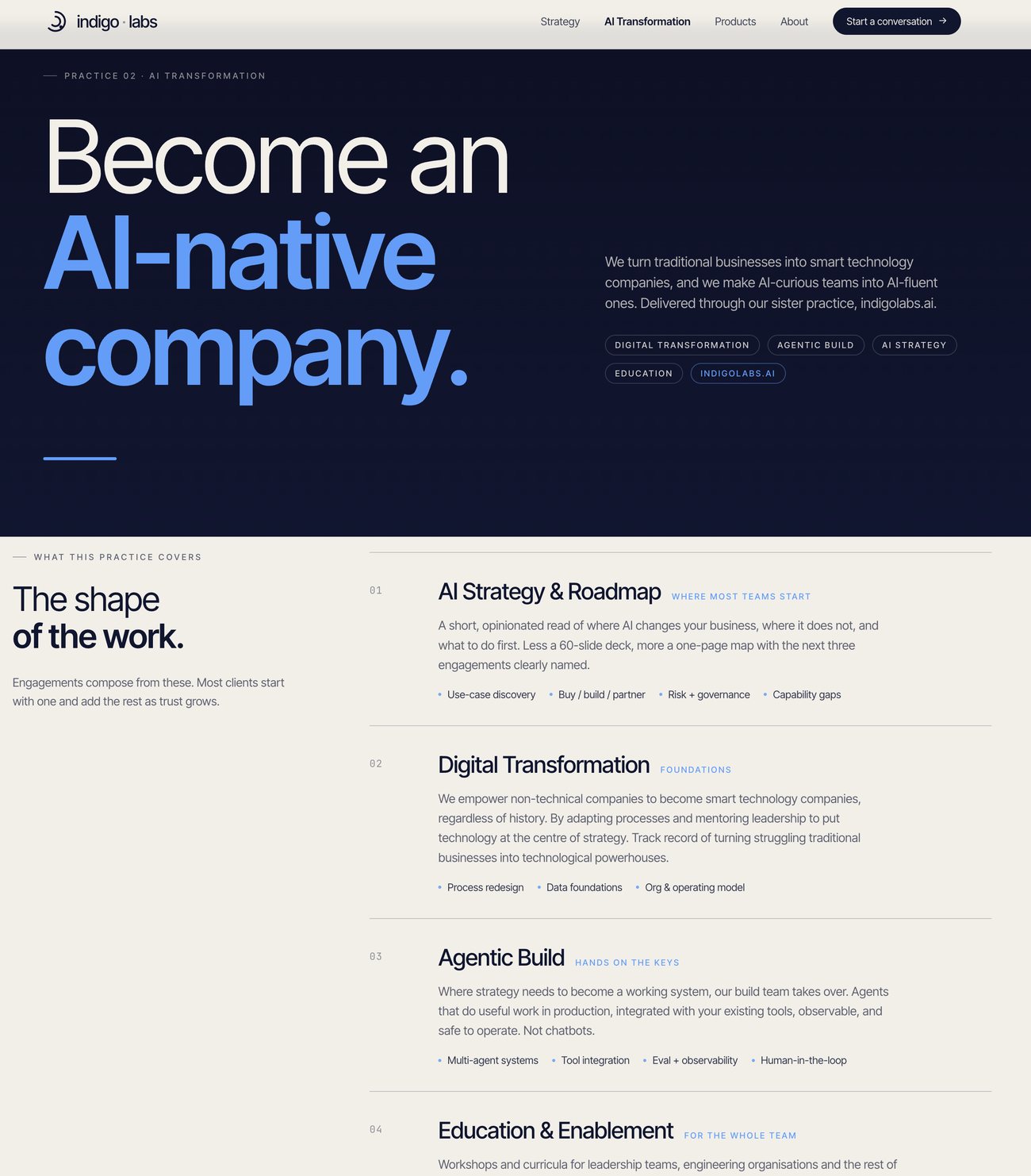 Indigo Labs AI Transformation practice page