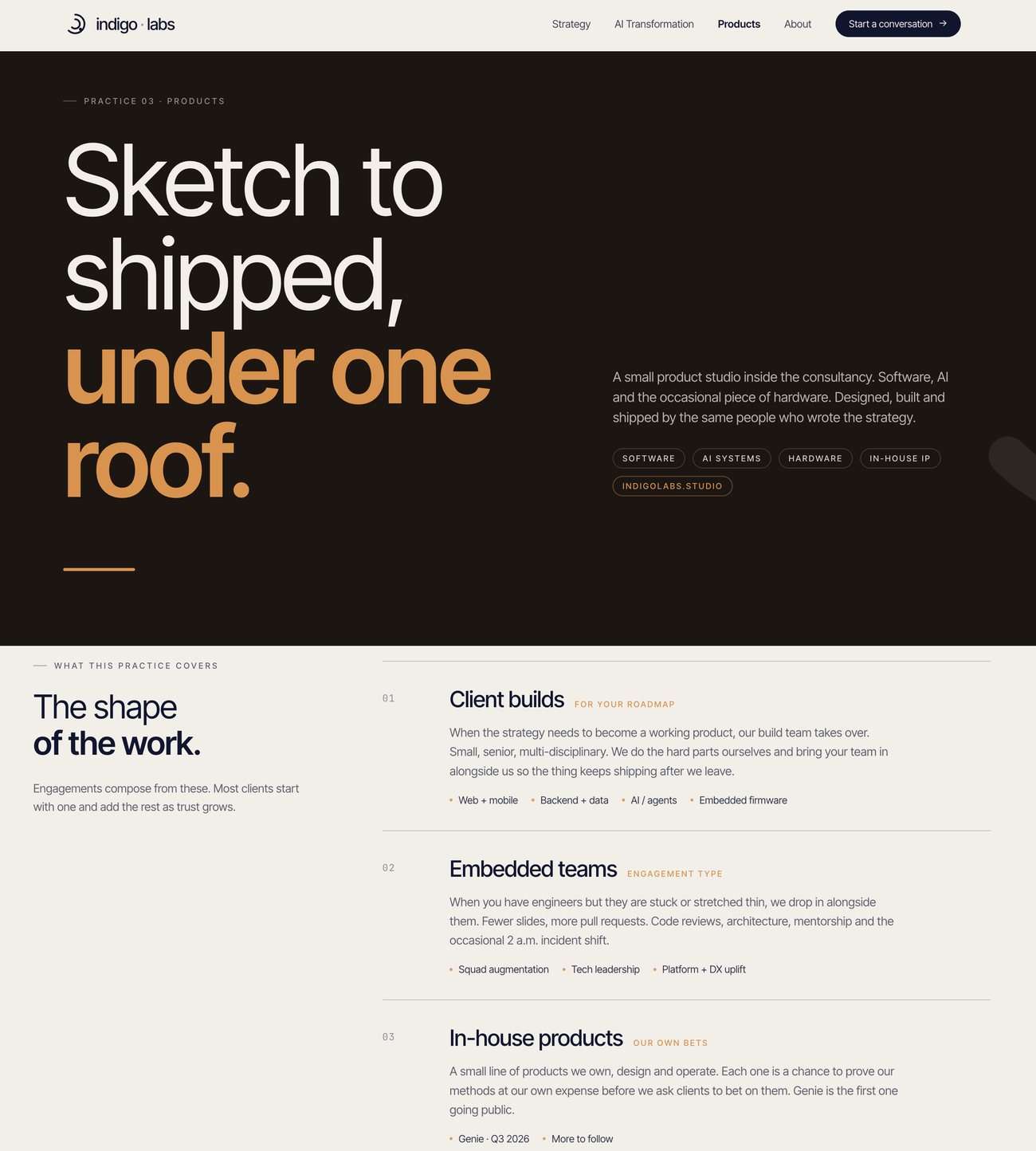Indigo Labs Products practice page