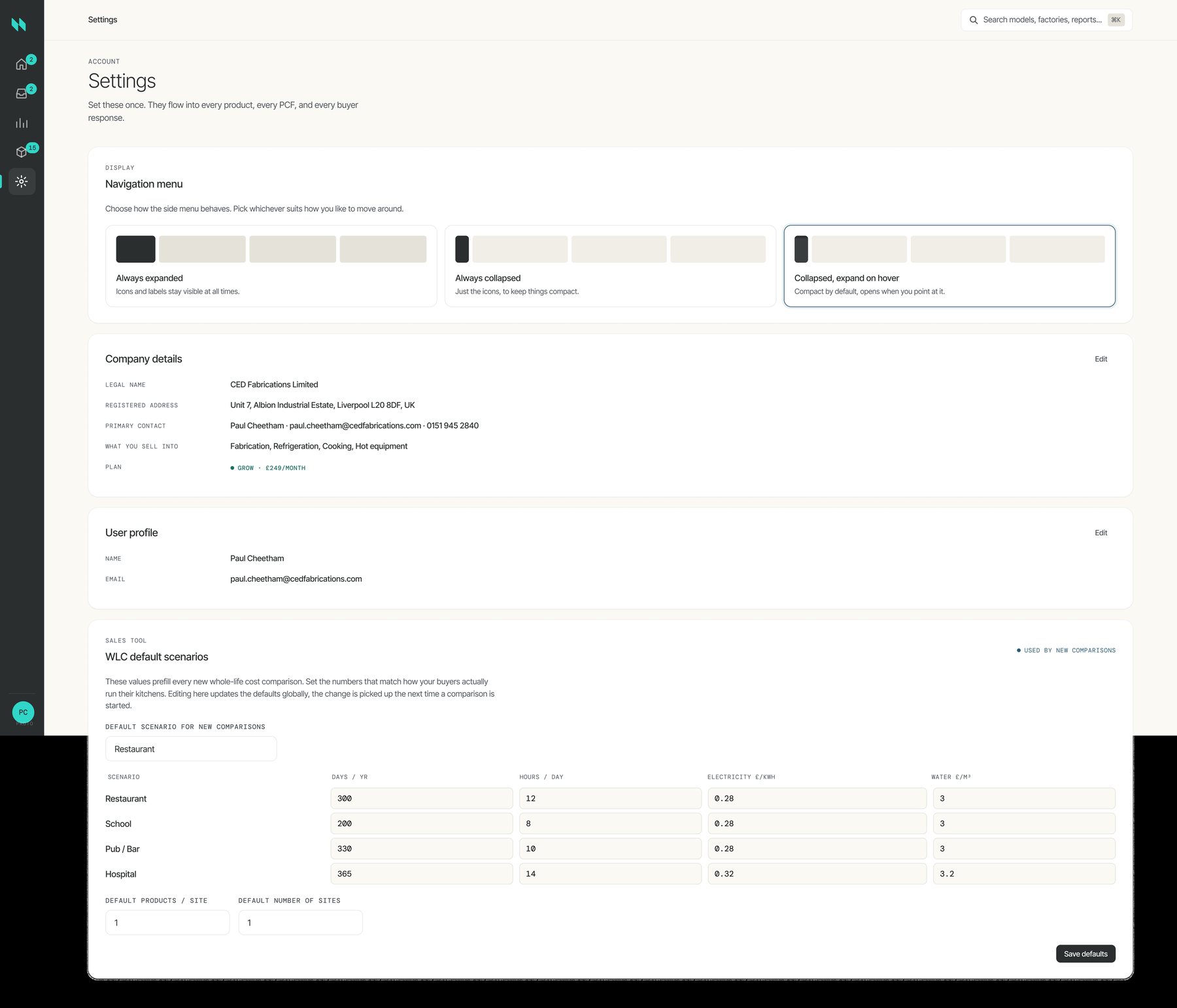 Niscai settings and default scenarios