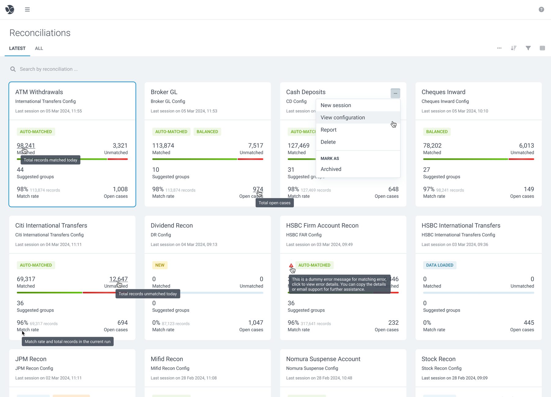 SmartStream Reconciliations dashboard